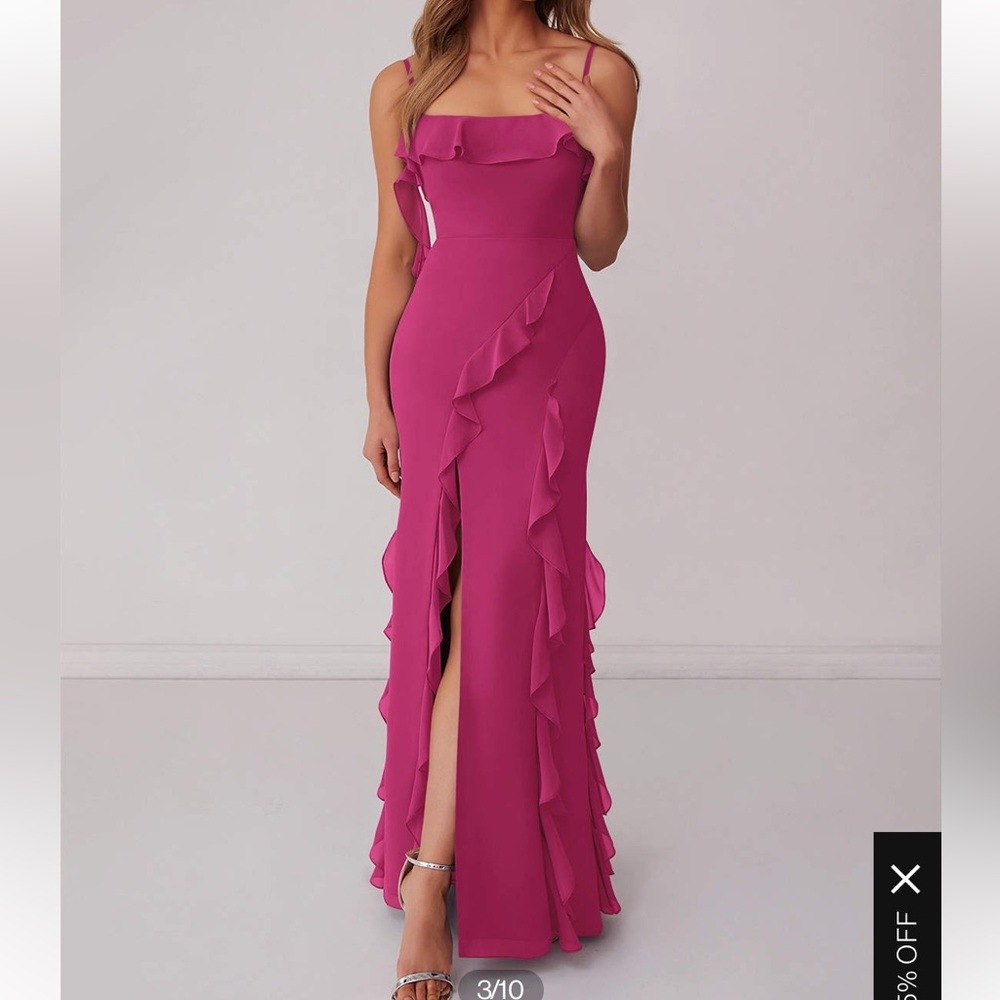 Azazie Barbie 1001 - Barbie Pink, Chiffon Ruffle Column Dress with Leg Slit